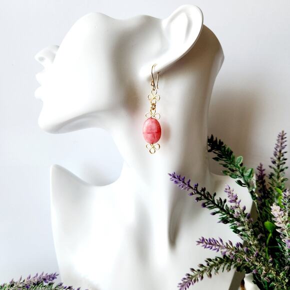 Pink Agate Oval Stone Beads Gold Wire Wrapped Dangle Earrings - Picture 3 of 8